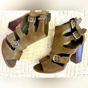 MARC FISHER olive green suede buckle heels size 8.5